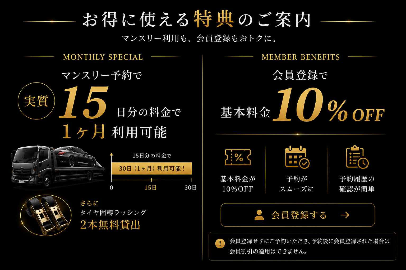 お得に使える特典のご案内 — マンスリー利用で実質15日分の料金で１ヶ月利用可能・会員登録で基本料金１０％OFF